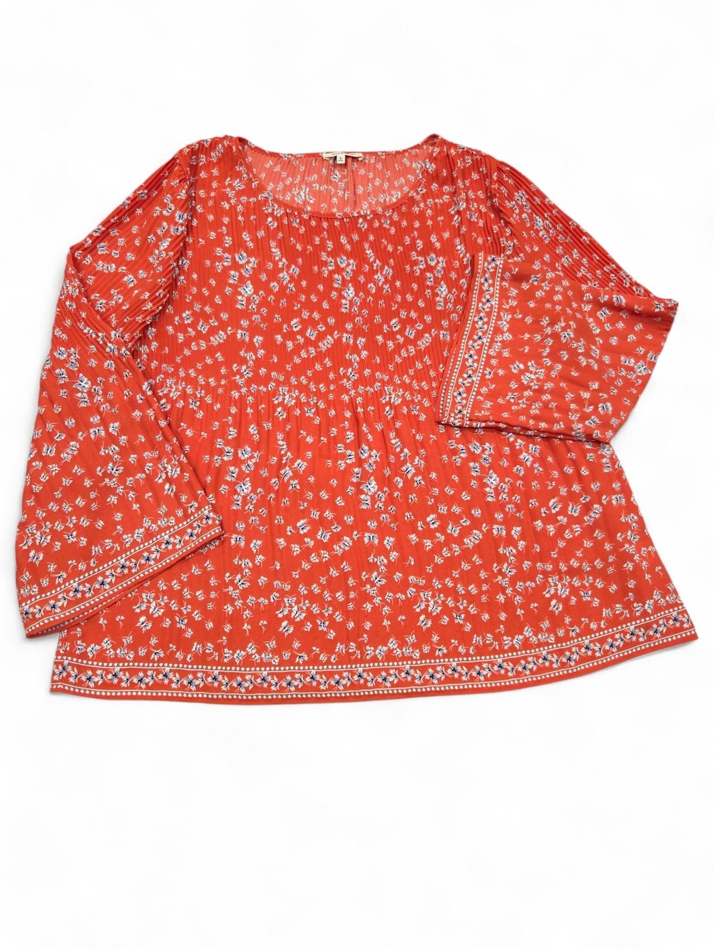 Max Studio Orange-Red Floral Butterfly Pleated Boho Blouse - Size Large EUC